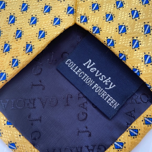 J Garcia‎ Nevsky Collection Fourteen Yellow Blue White Diamond Silk Mens Tie - Picture 4 of 7